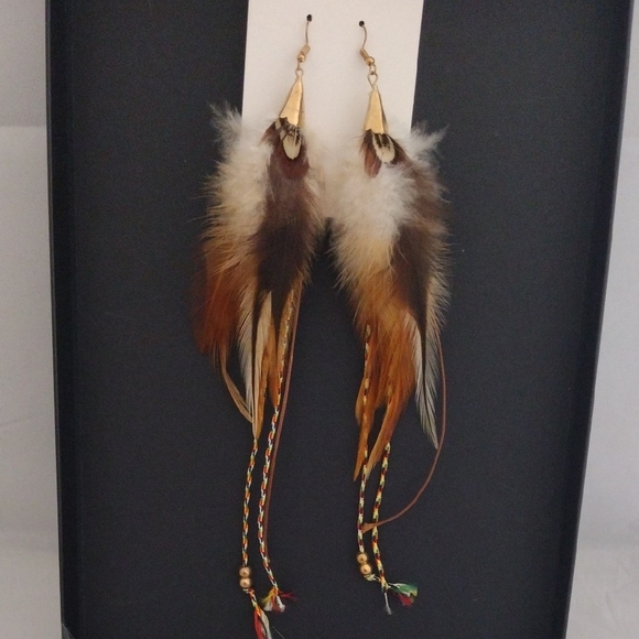 Jewelry - Stunning Feather Drop Earrings with Braided Cord & Gold Beads Accents